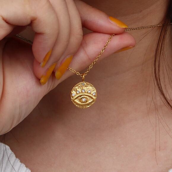 Evil Eye 18K Gold Plated Stainless Steel Coin Zircon Pendant Necklace Protection - Picture 5 of 10